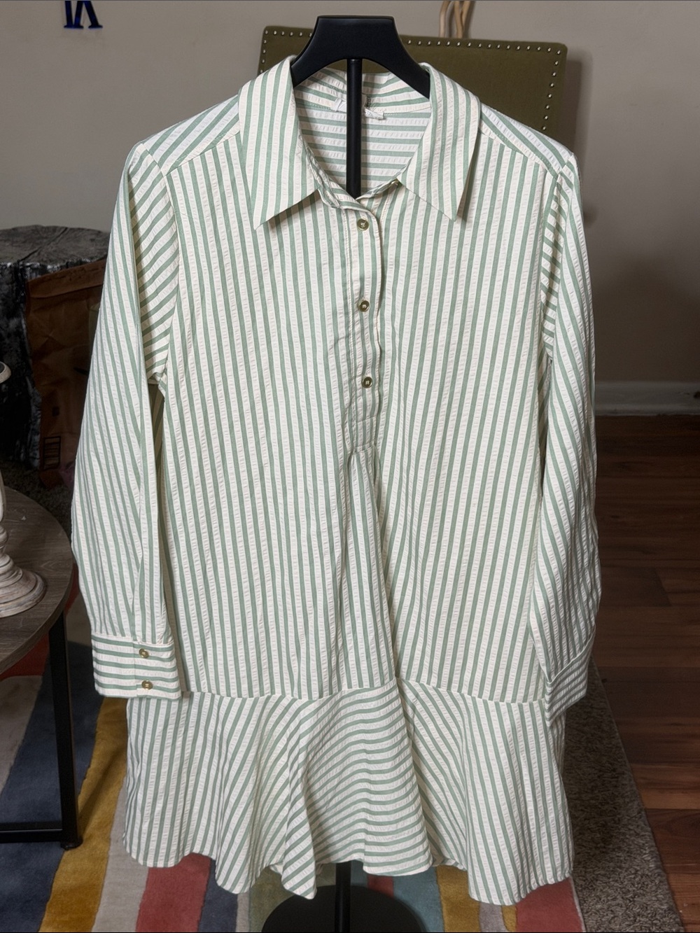entro Green and White Striped Midi Shirt Dress